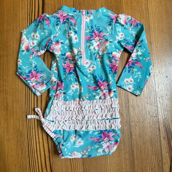 Ruffle Butts blue floral long sleeve rashguard one piece swimsuit SIZE 12-18M - Picture 5 of 5
